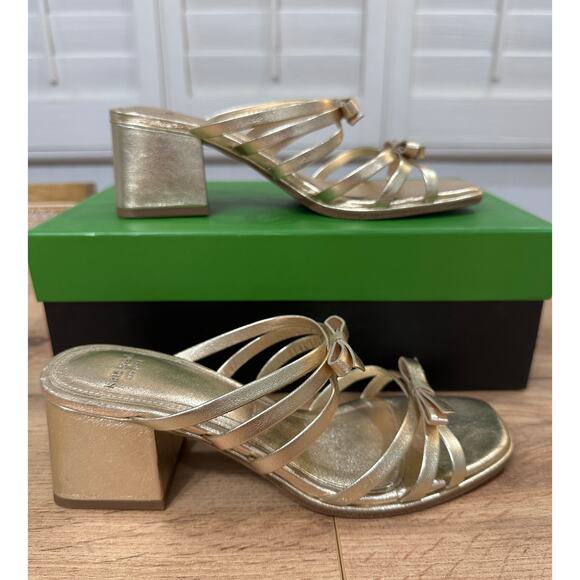 Kate Spade Carolina Block Heel Sandal Metallic Nappa Pale Gold 6.5 Lightly Worn - Picture 3 of 16